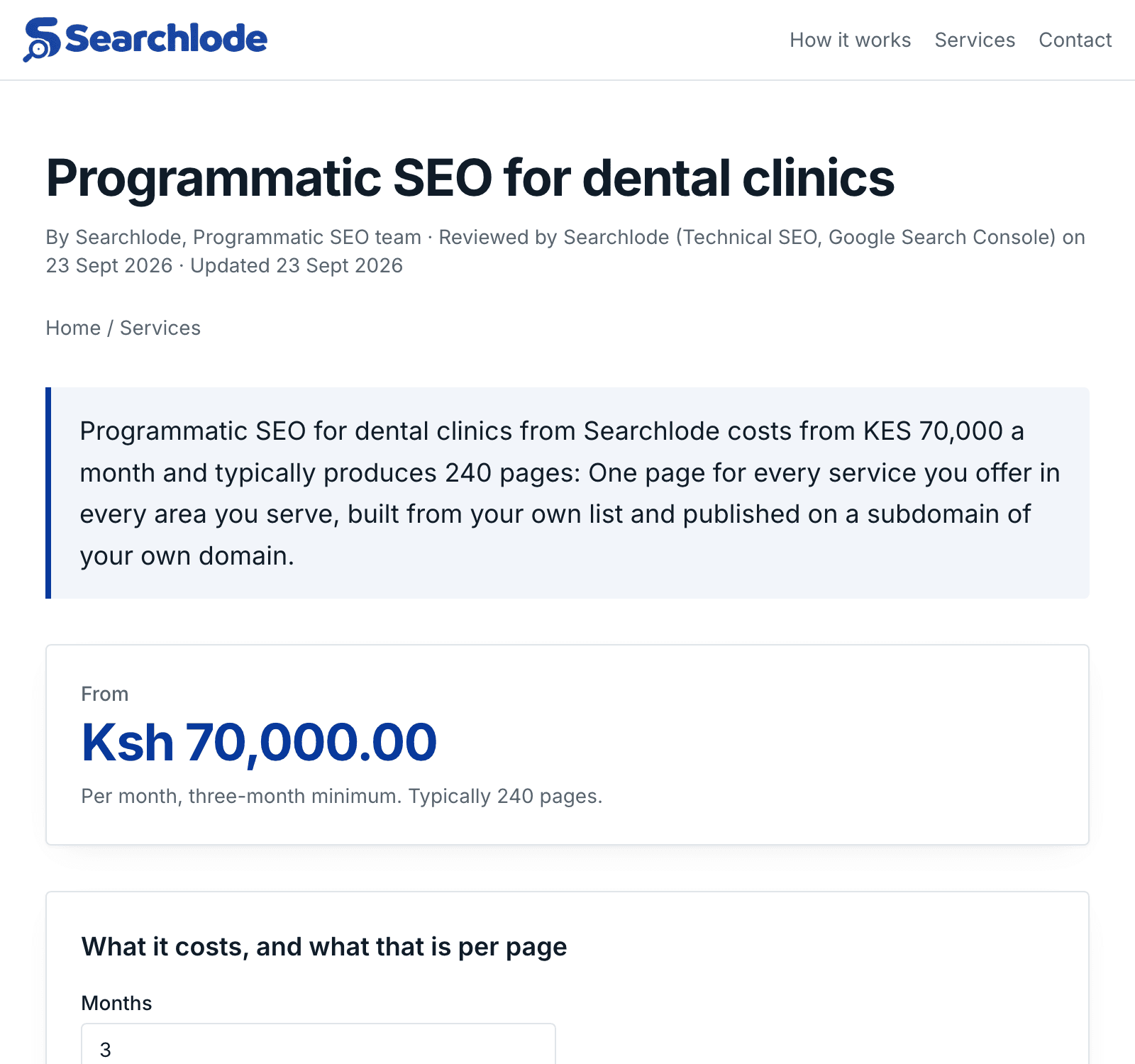A generated service page: title, byline, answer and price