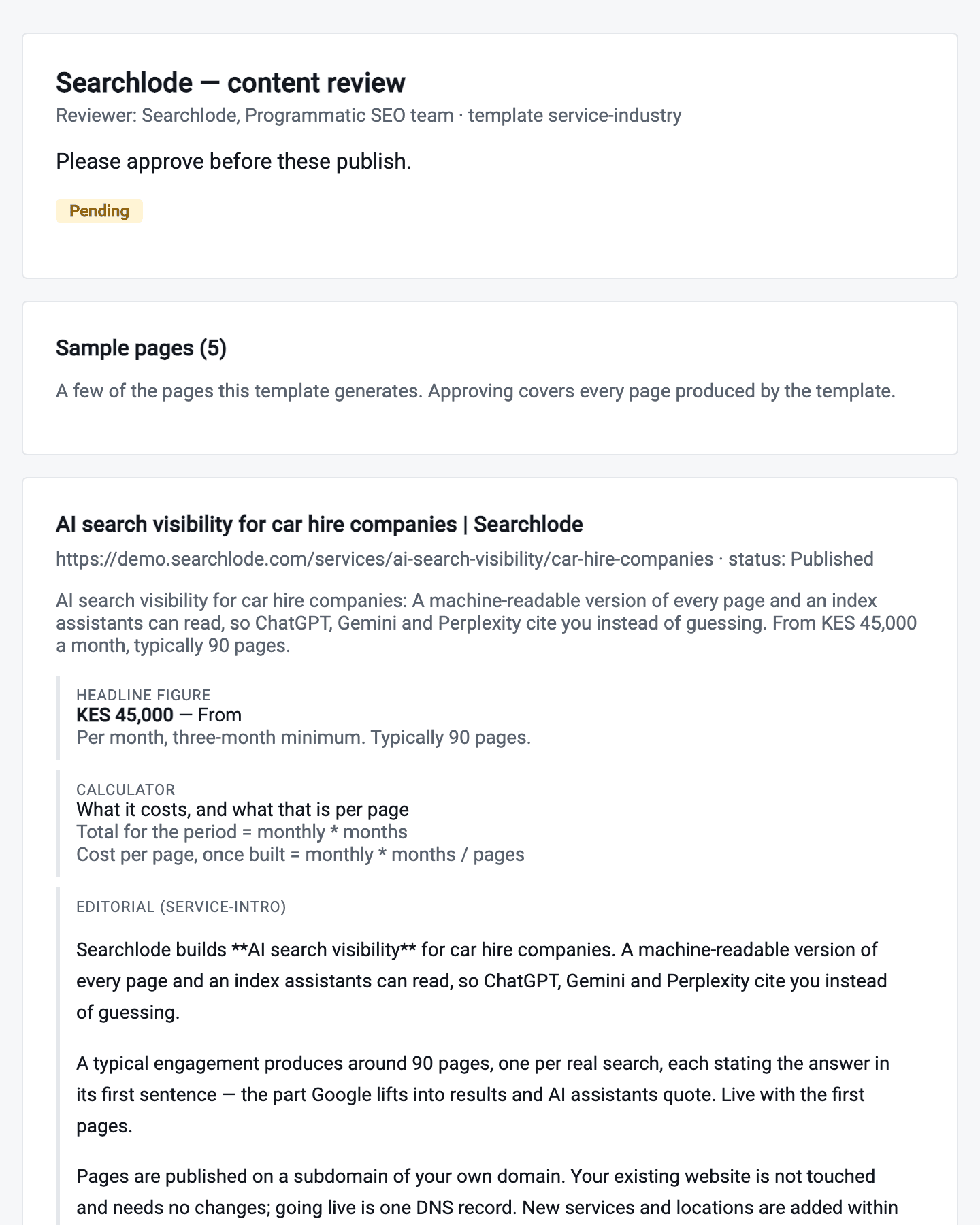 A review request: the reviewer's name, the template and sample pages awaiting approval
